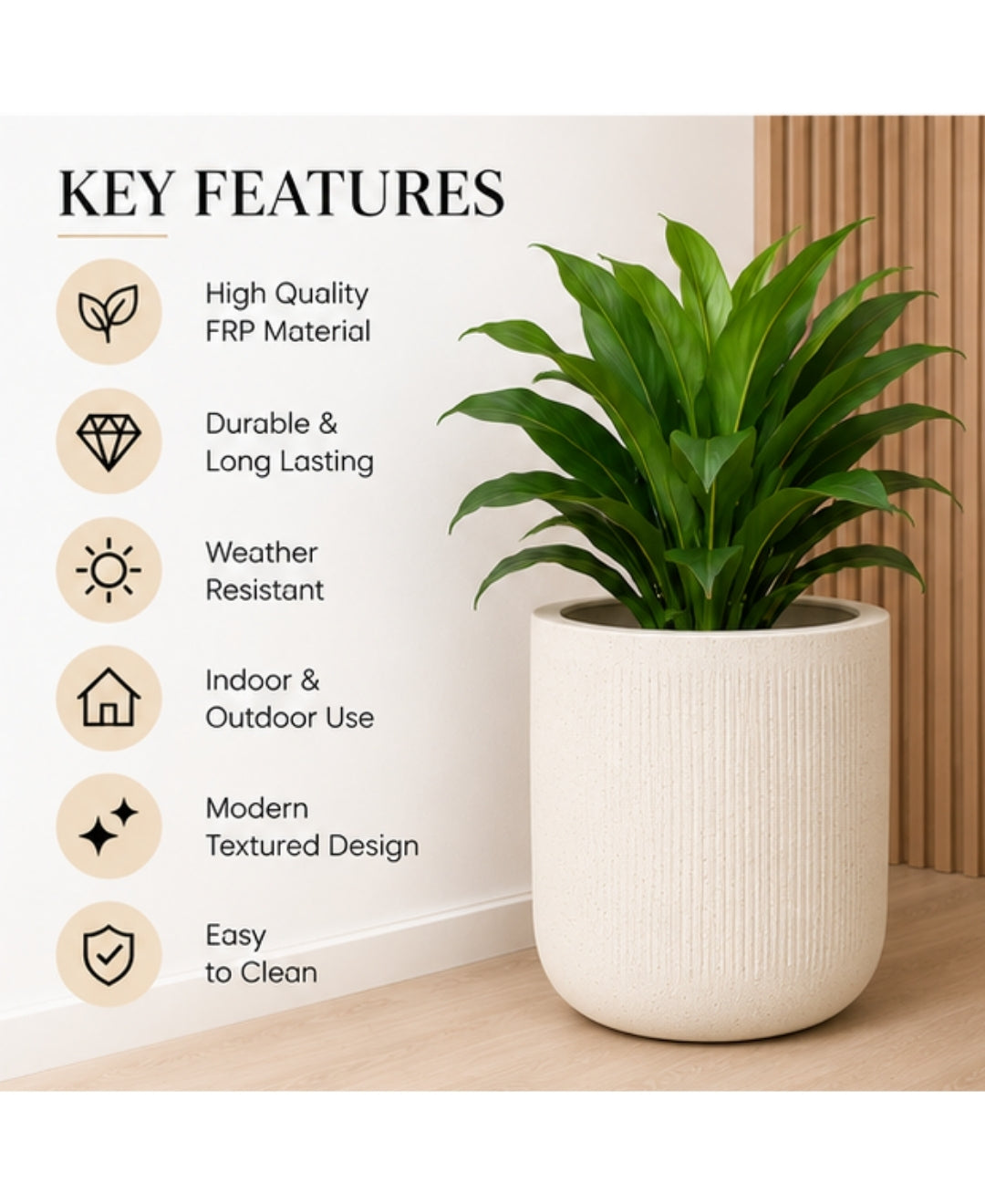 Ribbed Ivory Cylindrical Stone‑Finish Medium Planter