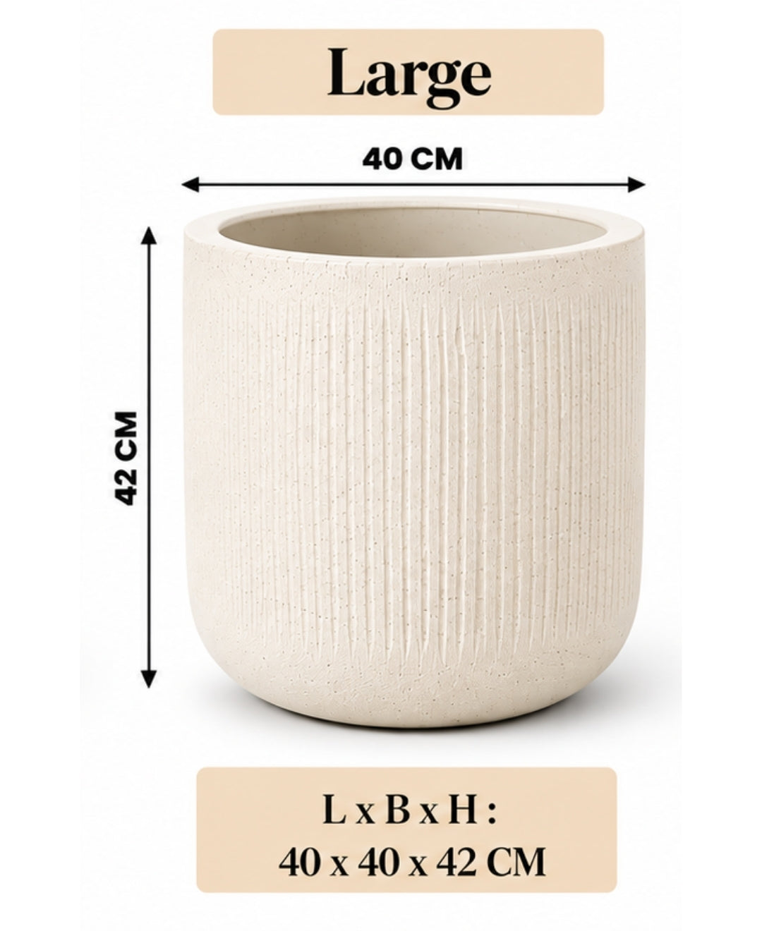 Ribbed Ivory Cylindrical Stone‑Finish Large Planter