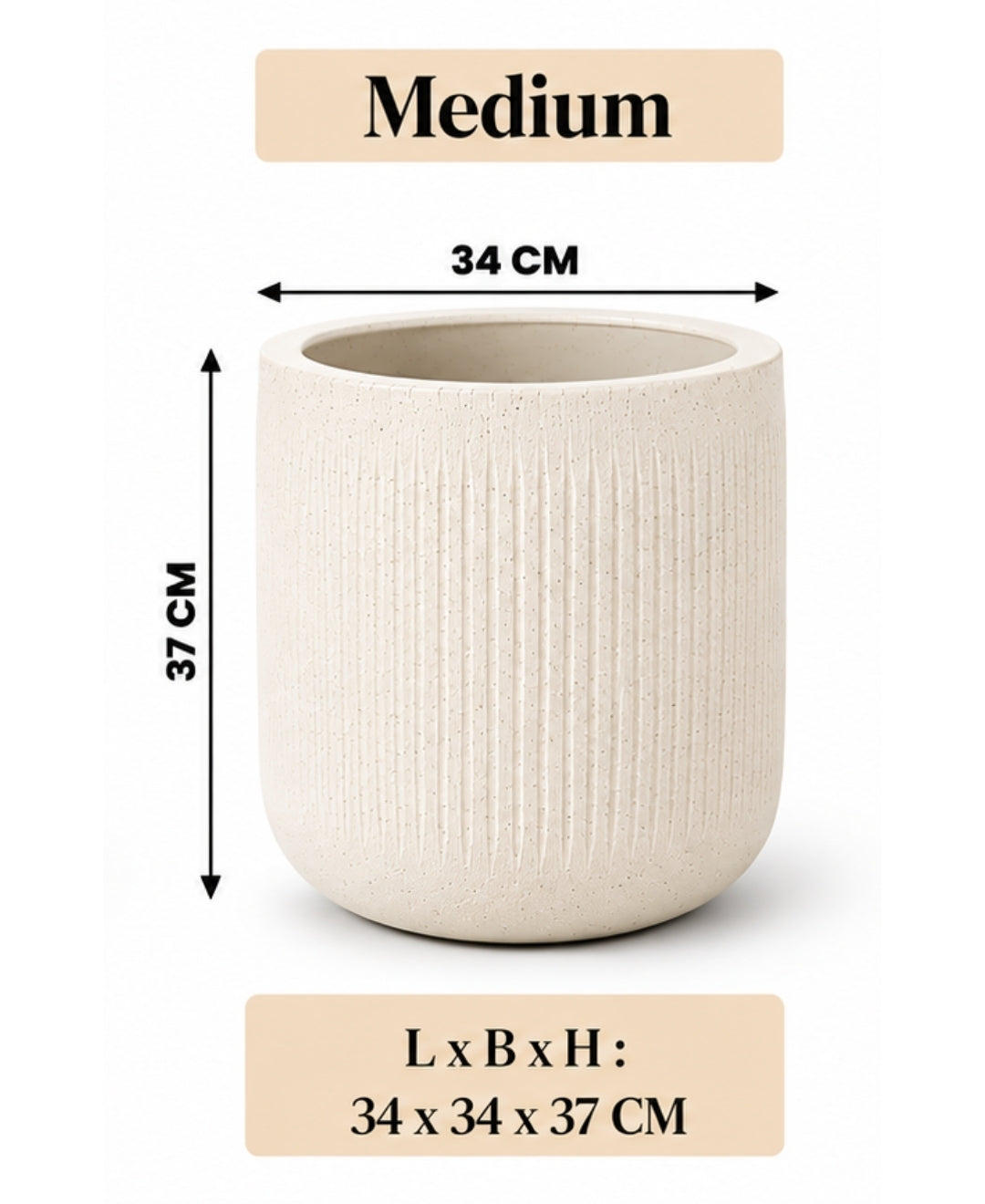 Ribbed Ivory Cylindrical Stone‑Finish Medium Planter