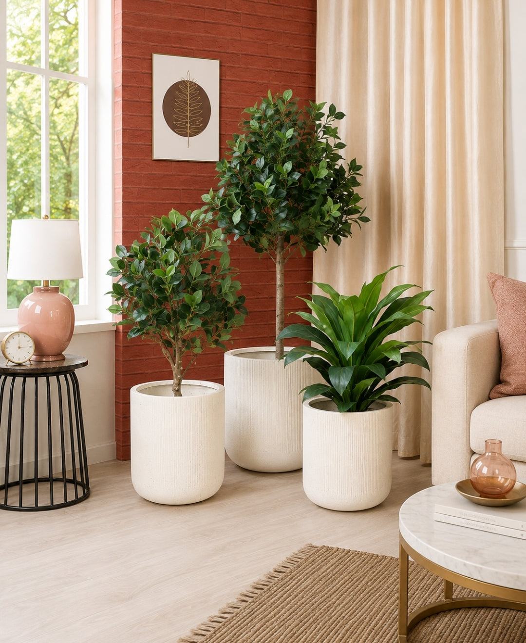 Ribbed Ivory Cylindrical Stone‑Finish Small Planter
