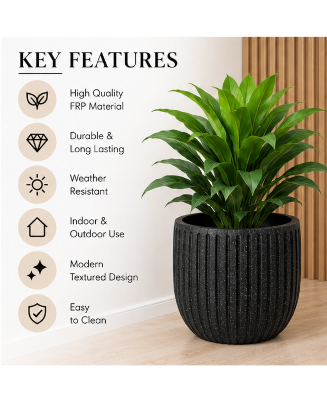 Ribbed Black Cylindrical Decorative Large Planter