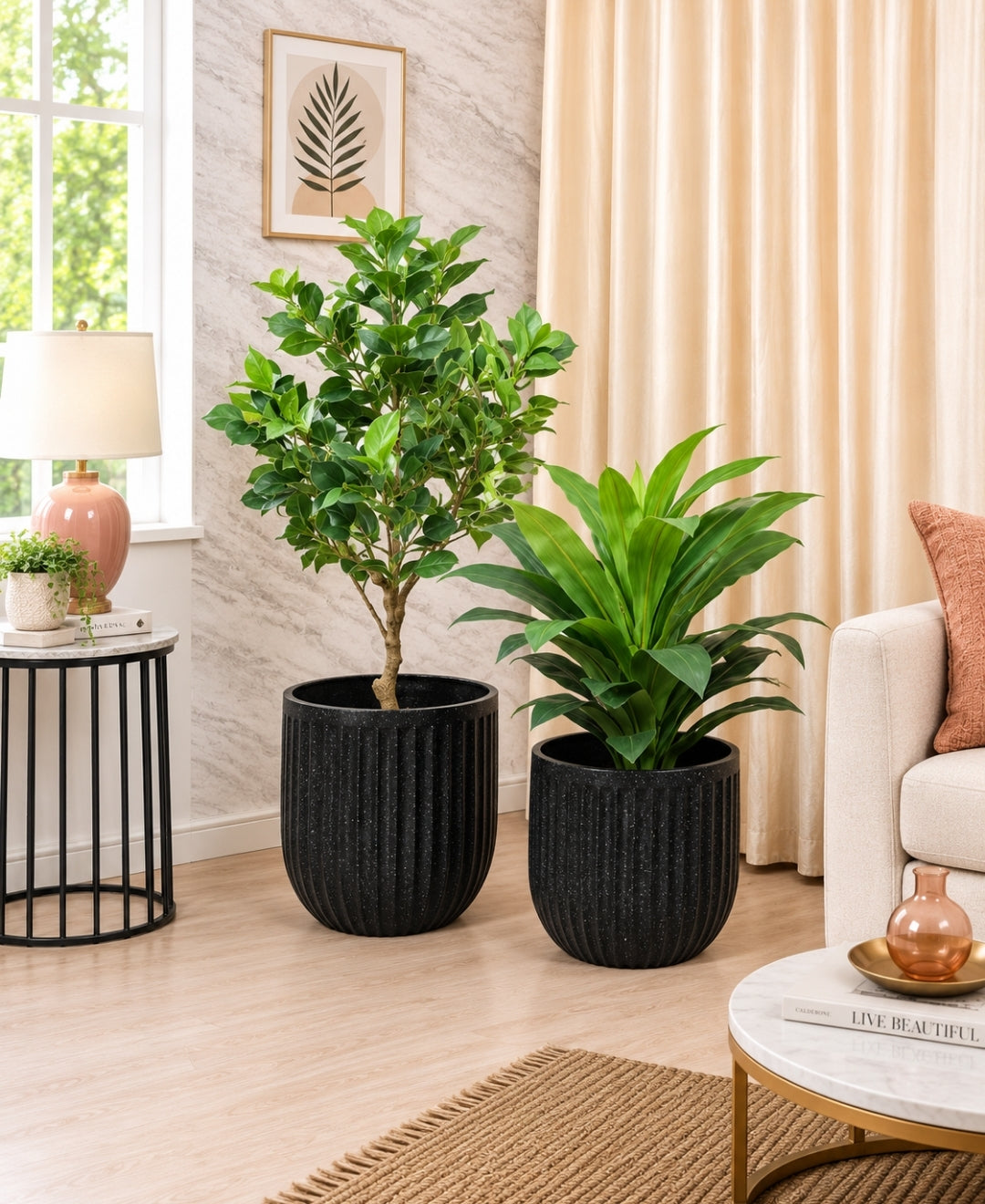 Ribbed Black Cylindrical Decorative Small Planter