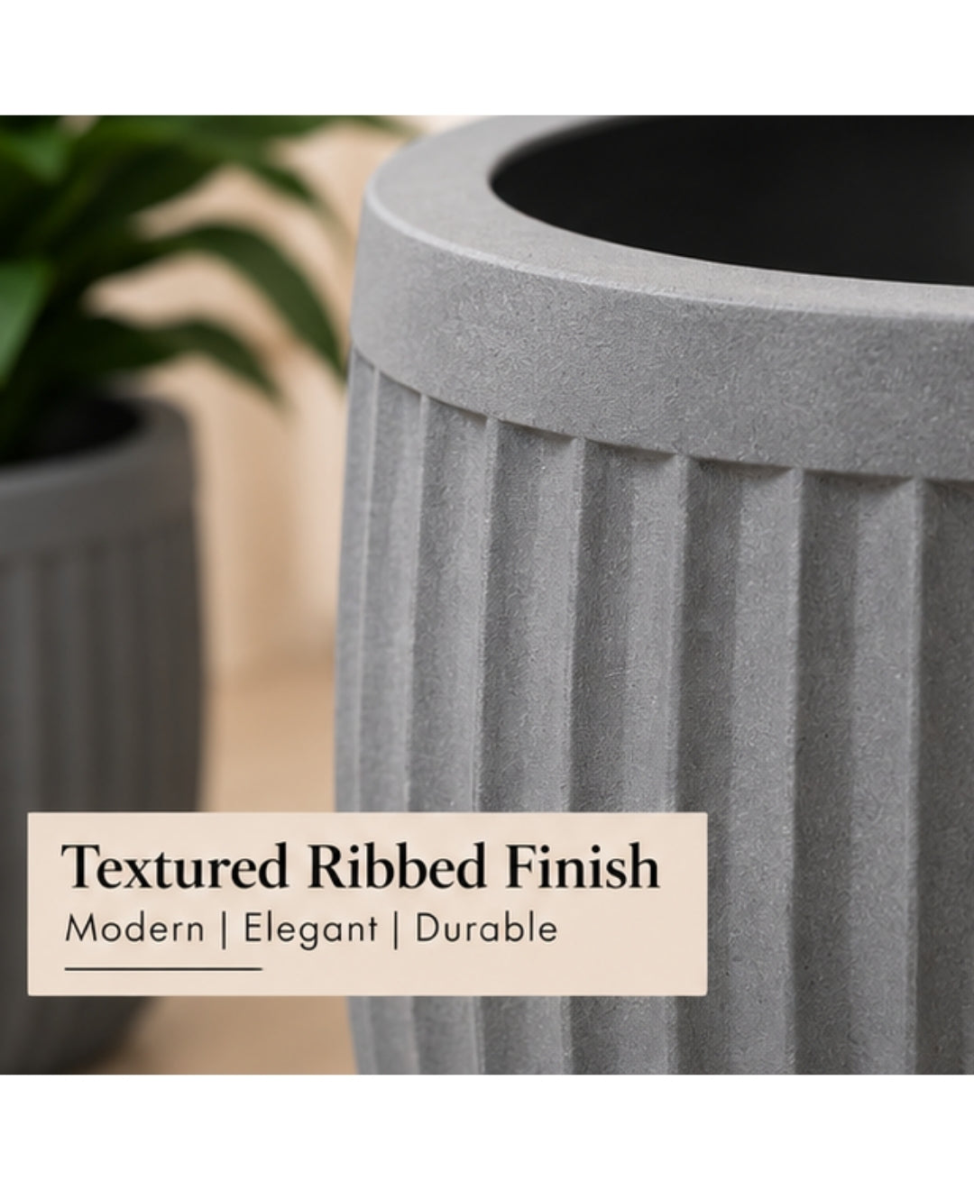 Ribbed Grey Round Stone‑Finish Decorative Large Planter