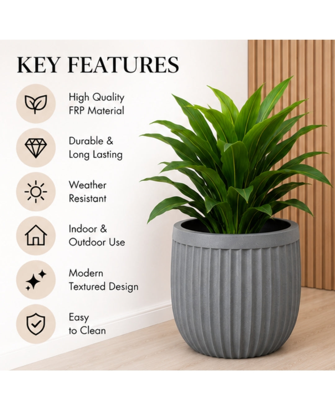 Ribbed Grey Round Stone‑Finish Decorative Large Planter