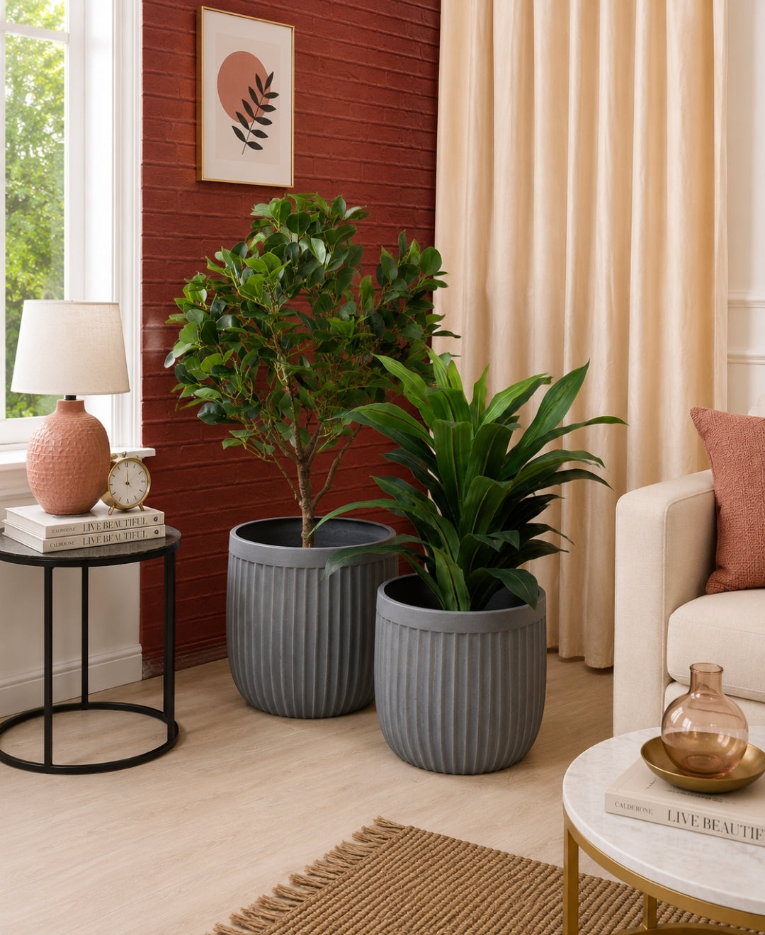 Ribbed Grey Round Stone‑Finish Decorative Small Planter