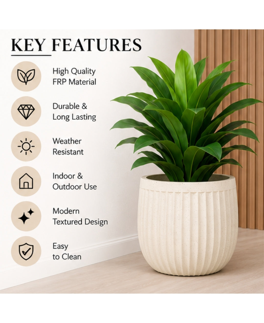 Ribbed Ivory Stone‑Finish Large Planter