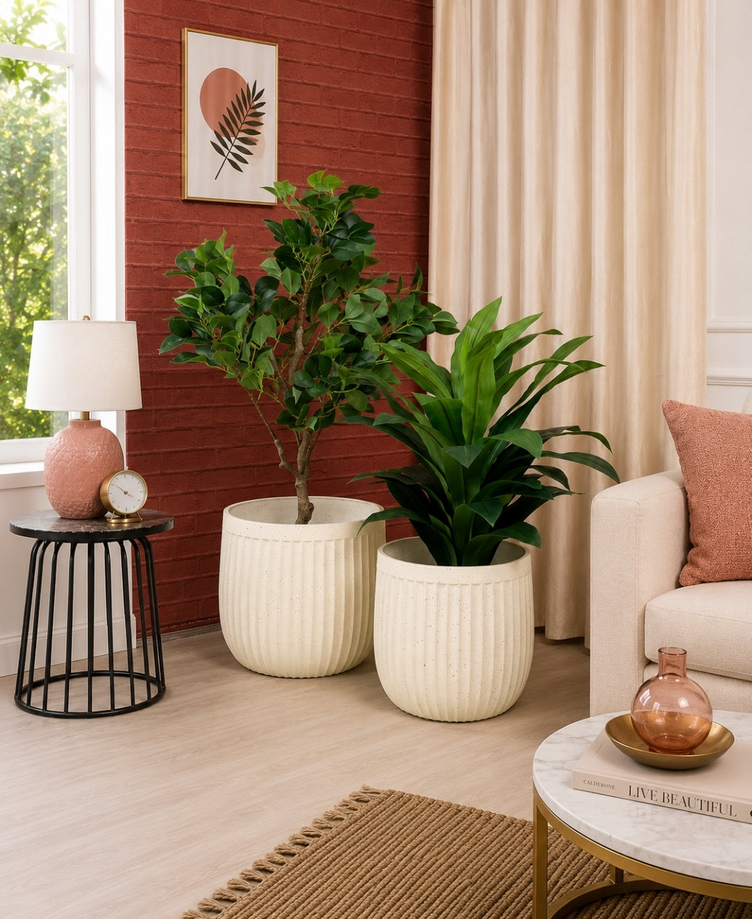 Ribbed Ivory Stone‑Finish Large Planter