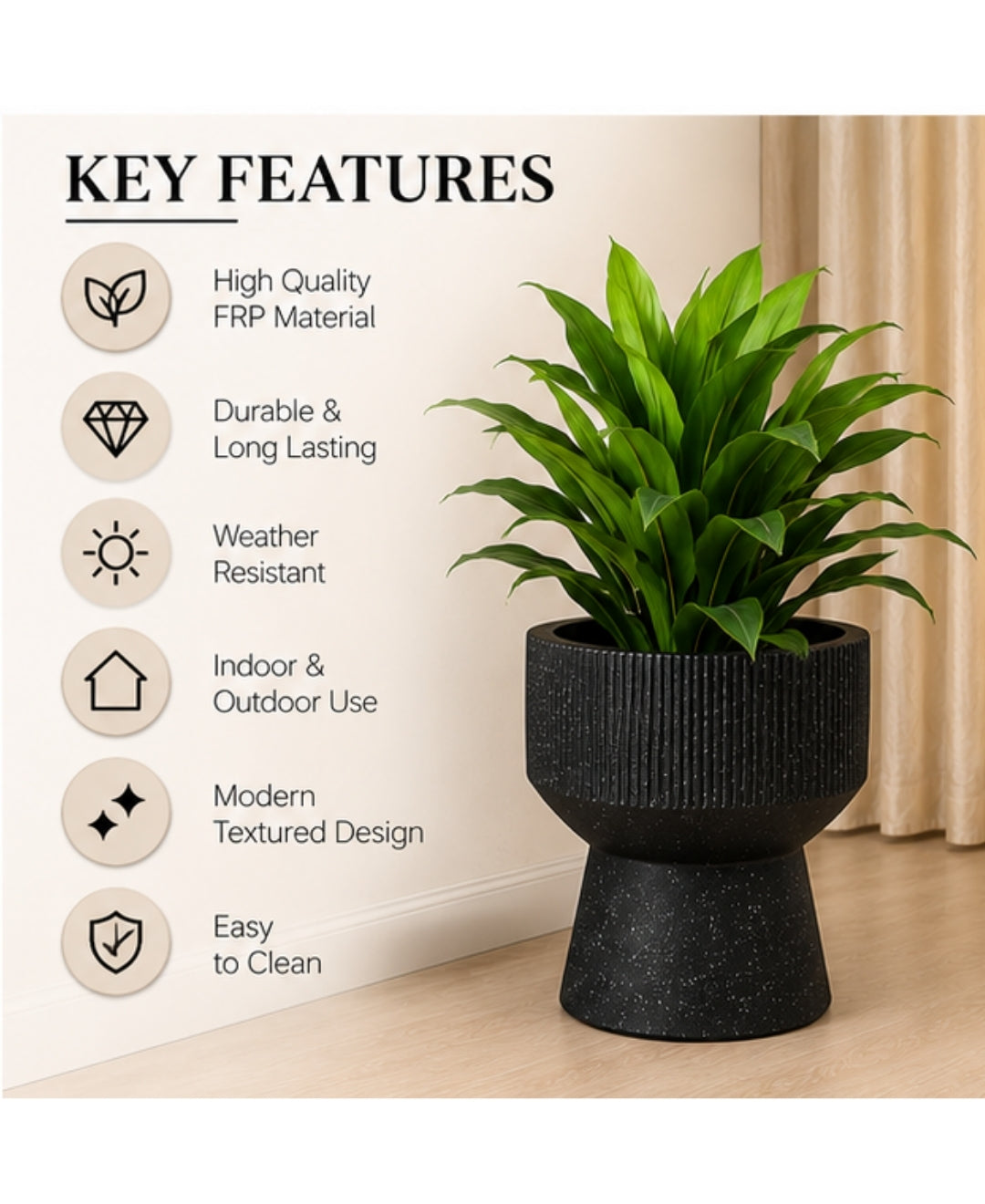 Ribbed Black Pedestal Hourglass Decorative Small Planter