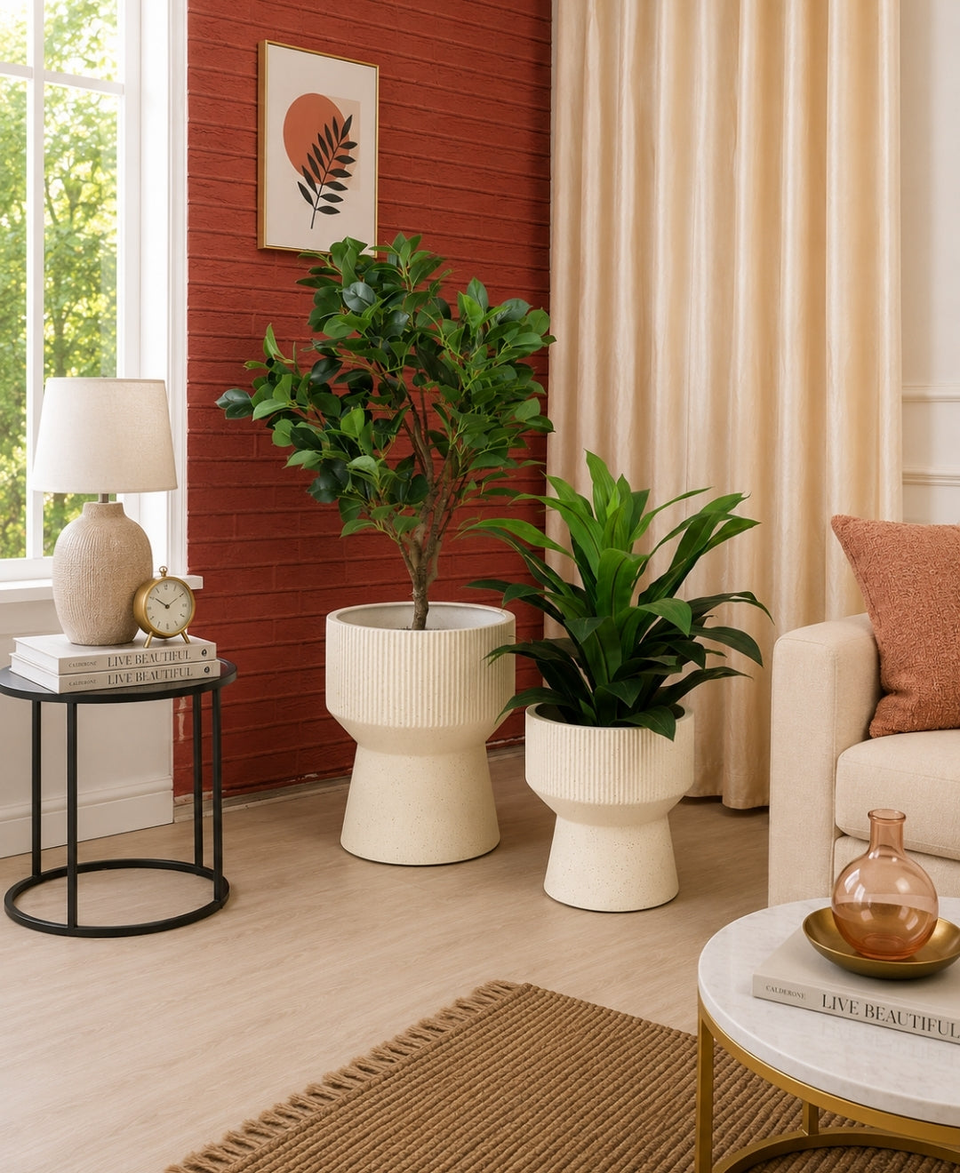 Ribbed Ivory Hourglass Decorative Small Planter