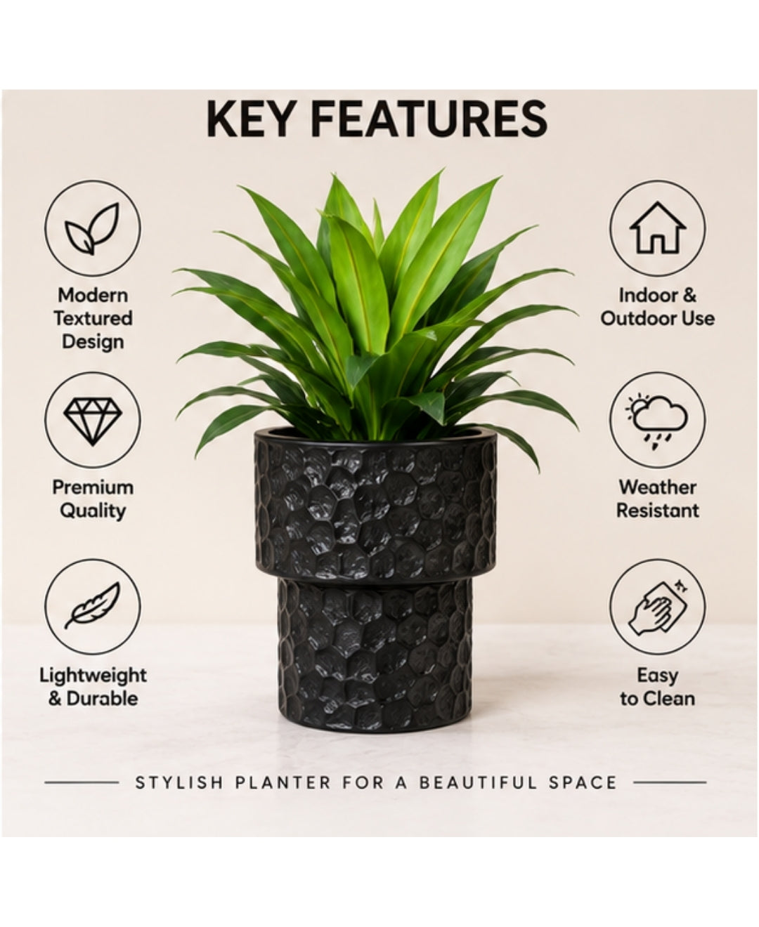 Black Honeycomb Textured Pedestal Decorative Large Planter