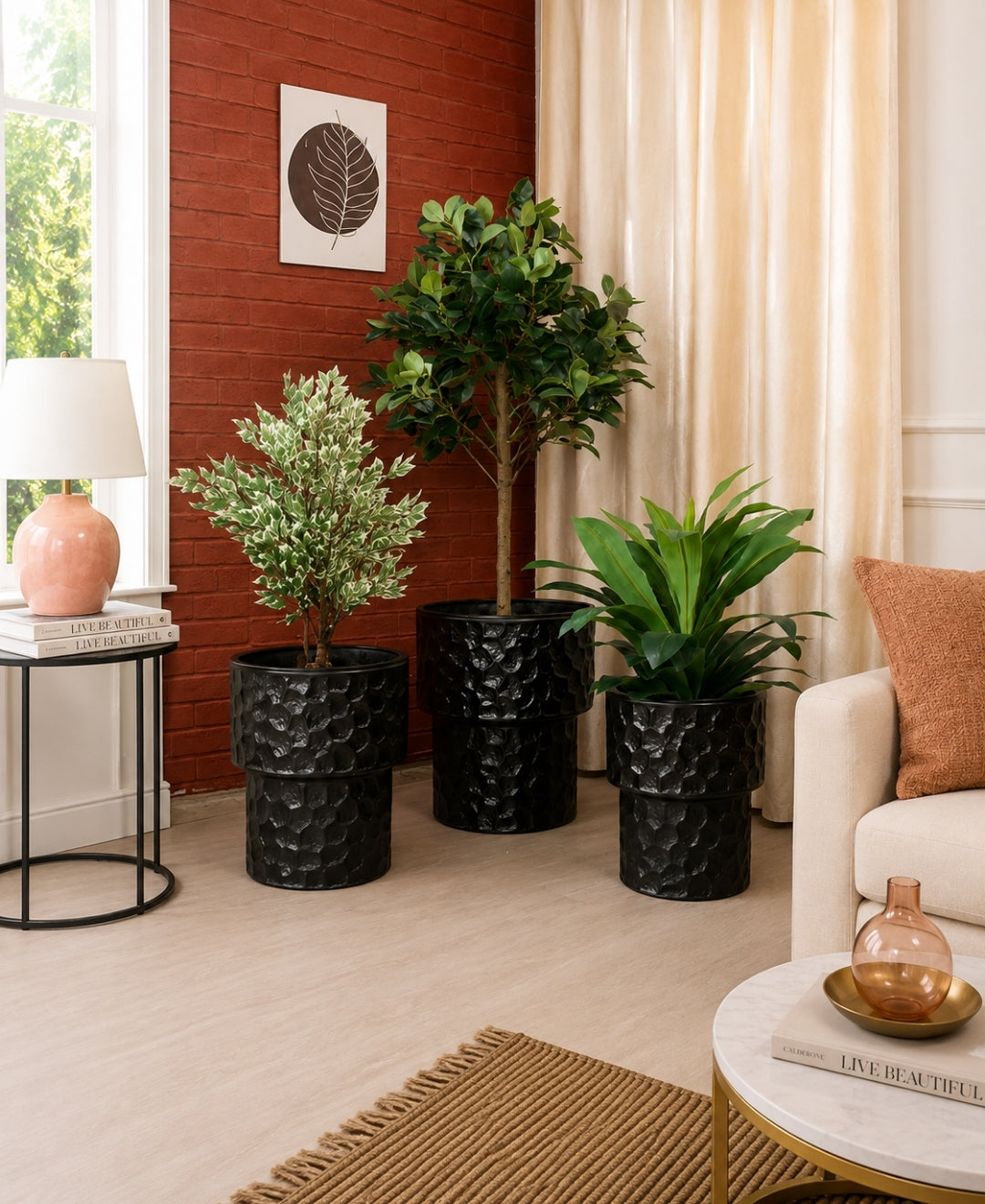 Black Honeycomb Textured Pedestal Decorative Small Planter