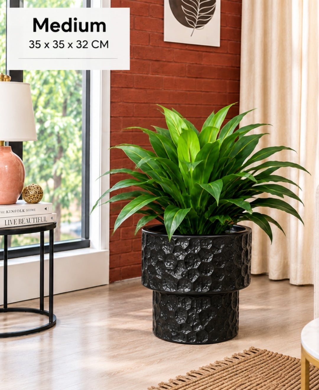 Black Honeycomb Textured Pedestal Decorative Medium Planter