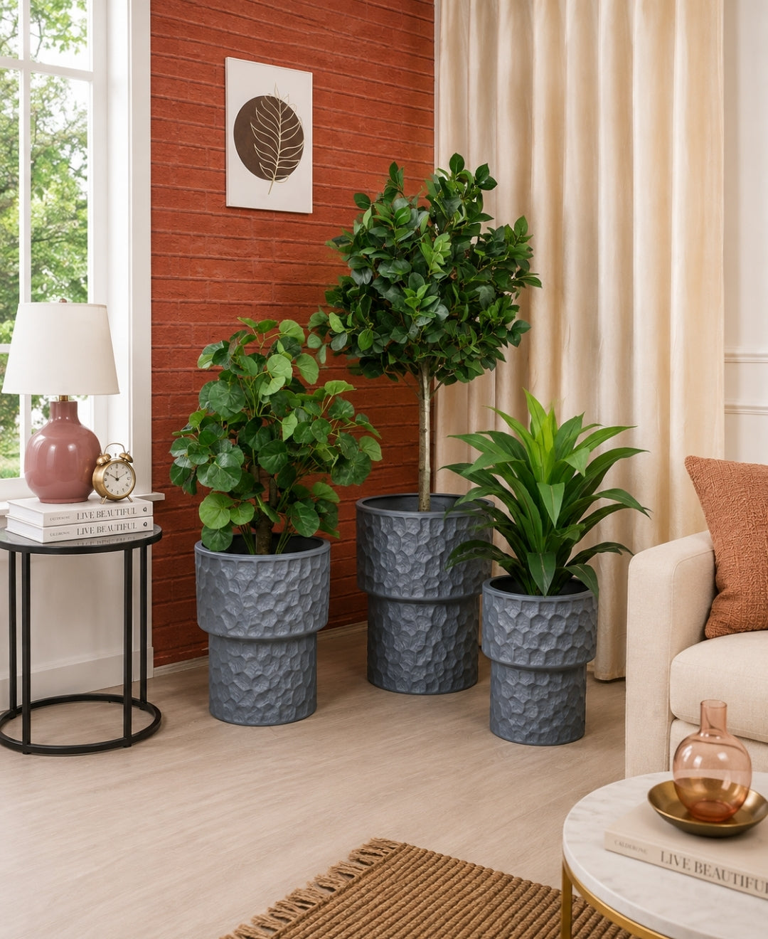 Grey Honeycomb Textured Pedestal Decorative Medium Planter