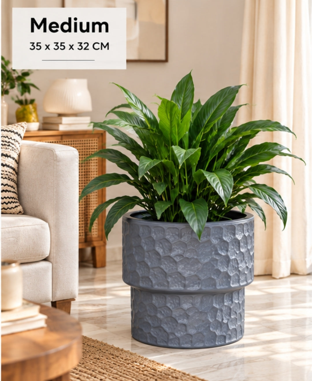 Grey Honeycomb Textured Pedestal Decorative Medium Planter