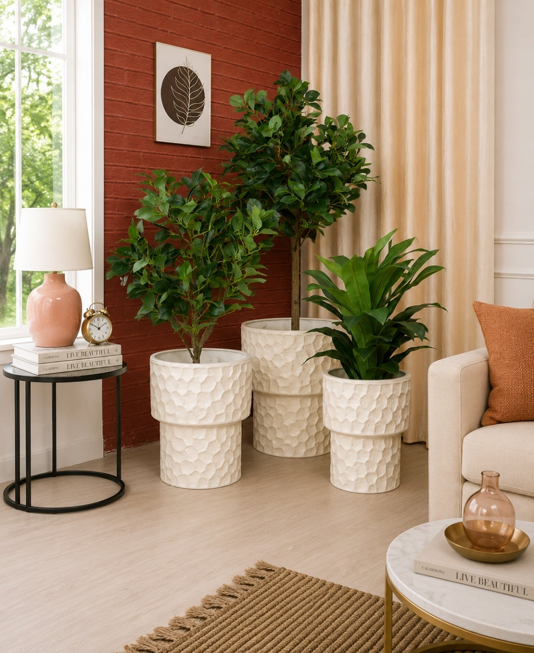 Ivory Honeycomb Pedestal Stone‑Finish Medium Planter