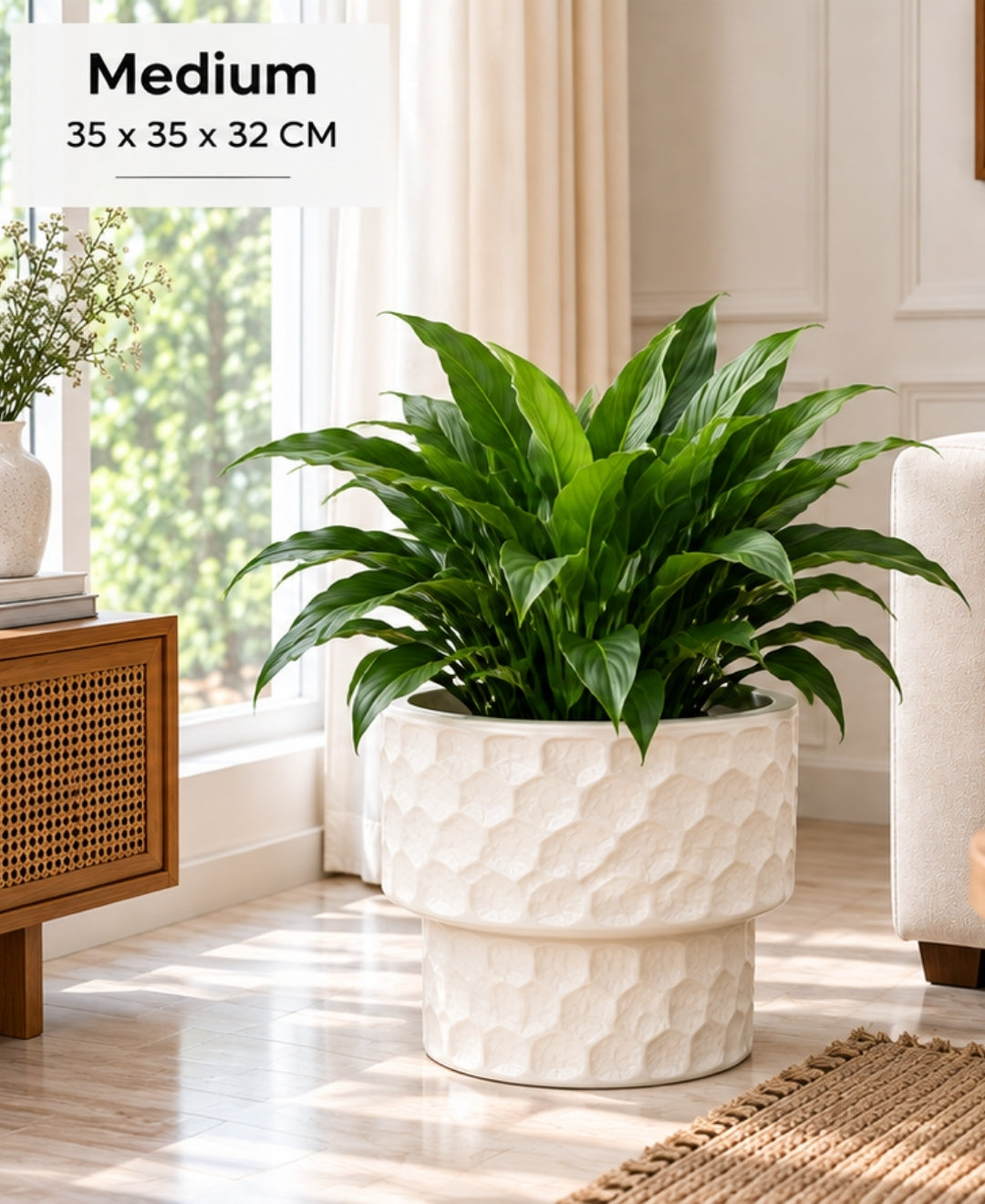 Ivory Honeycomb Pedestal Stone‑Finish Medium Planter