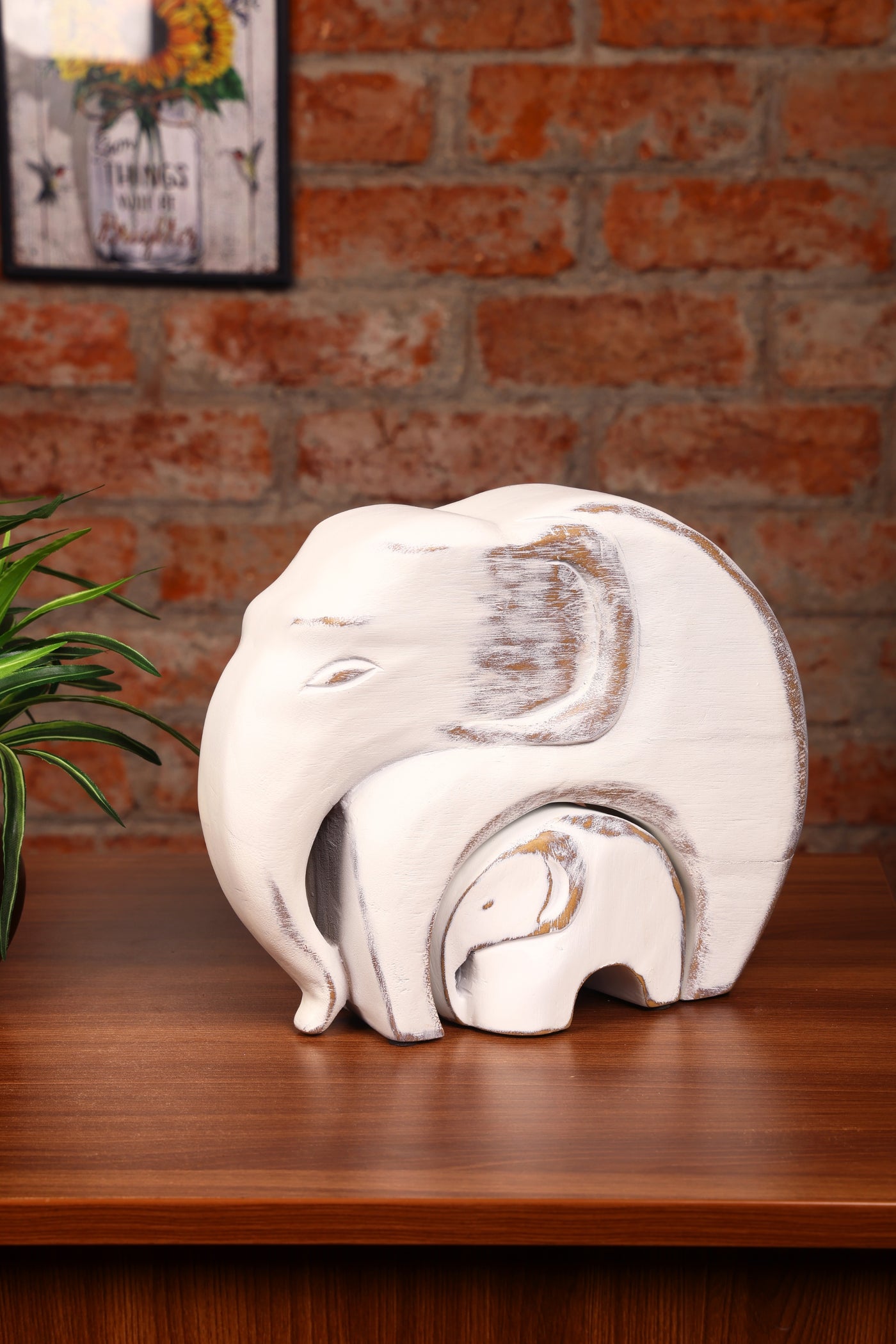 Resin  Mother Elephant with Baby Showpiece for your home or office decor - White