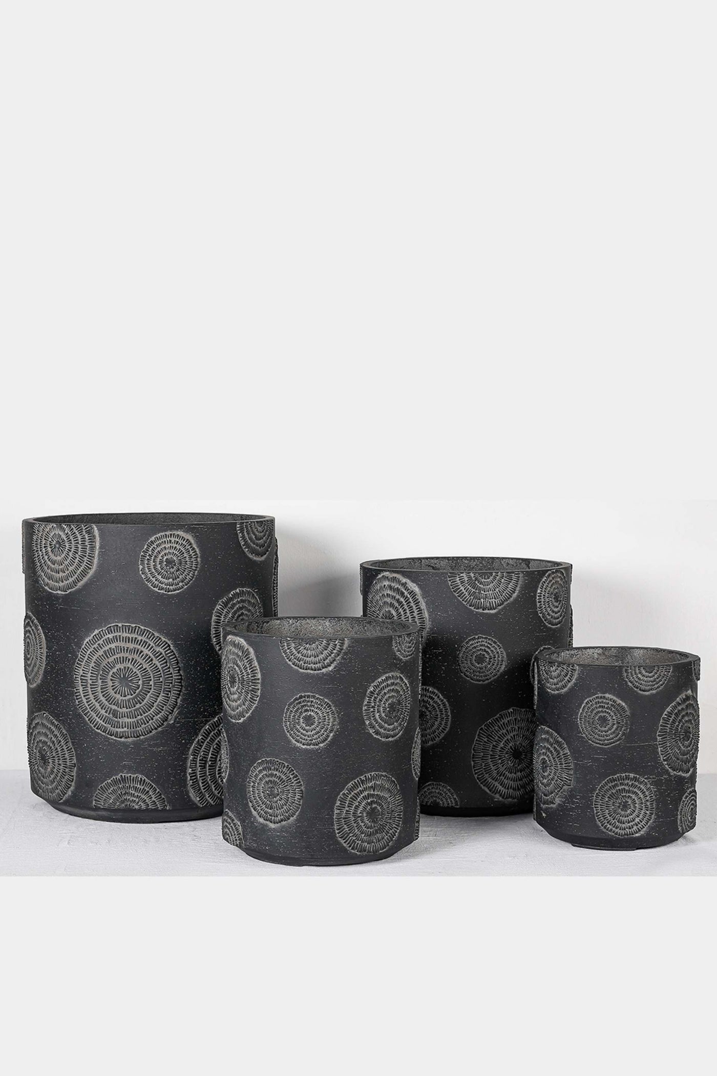 Black Textured Resin Planter with Circular Patterns