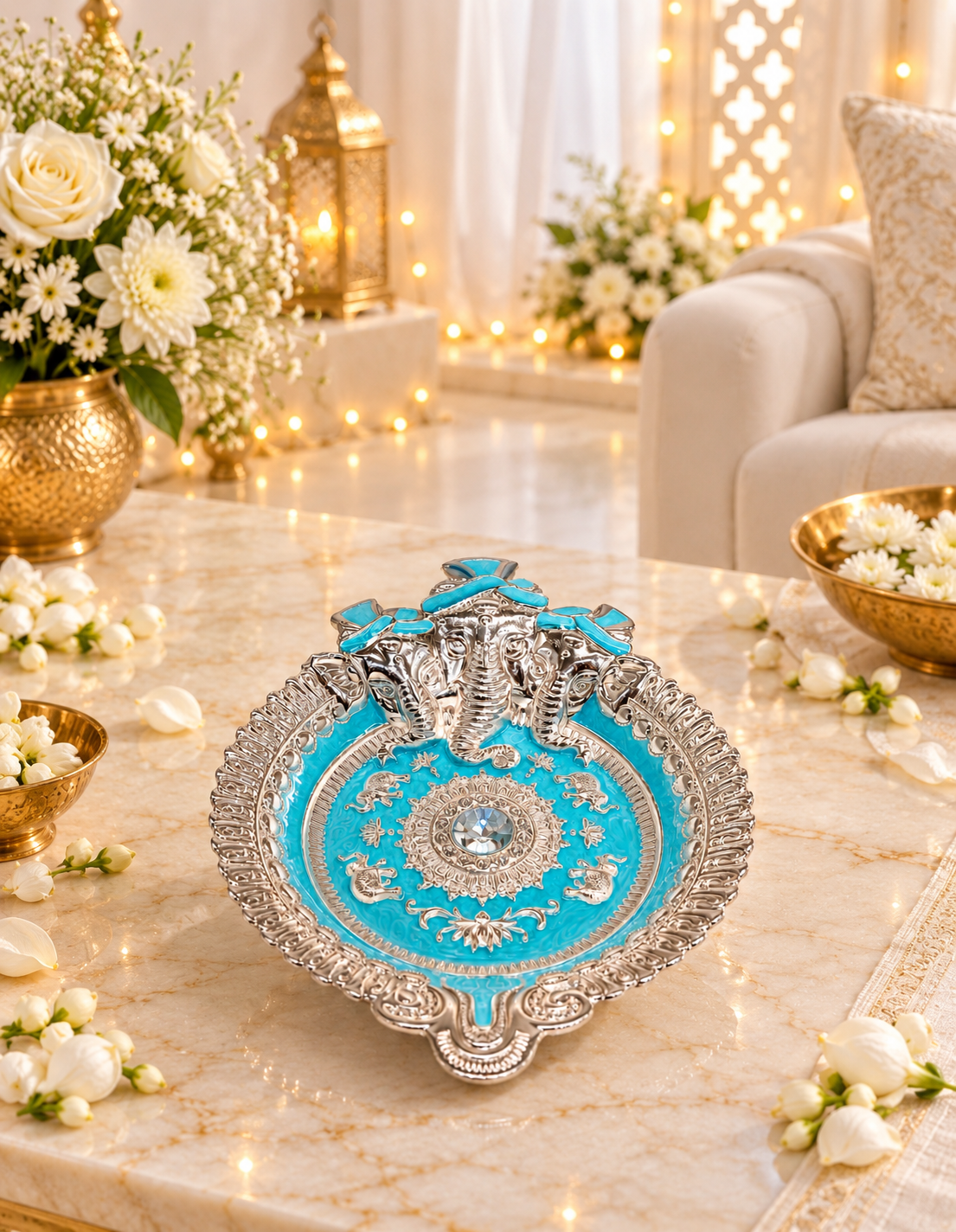 German Silver Ganesha Tray – Turquoise Blue Enamel