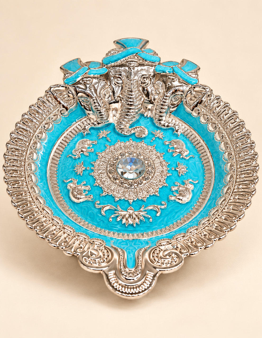 German Silver Ganesha Tray – Turquoise Blue Enamel
