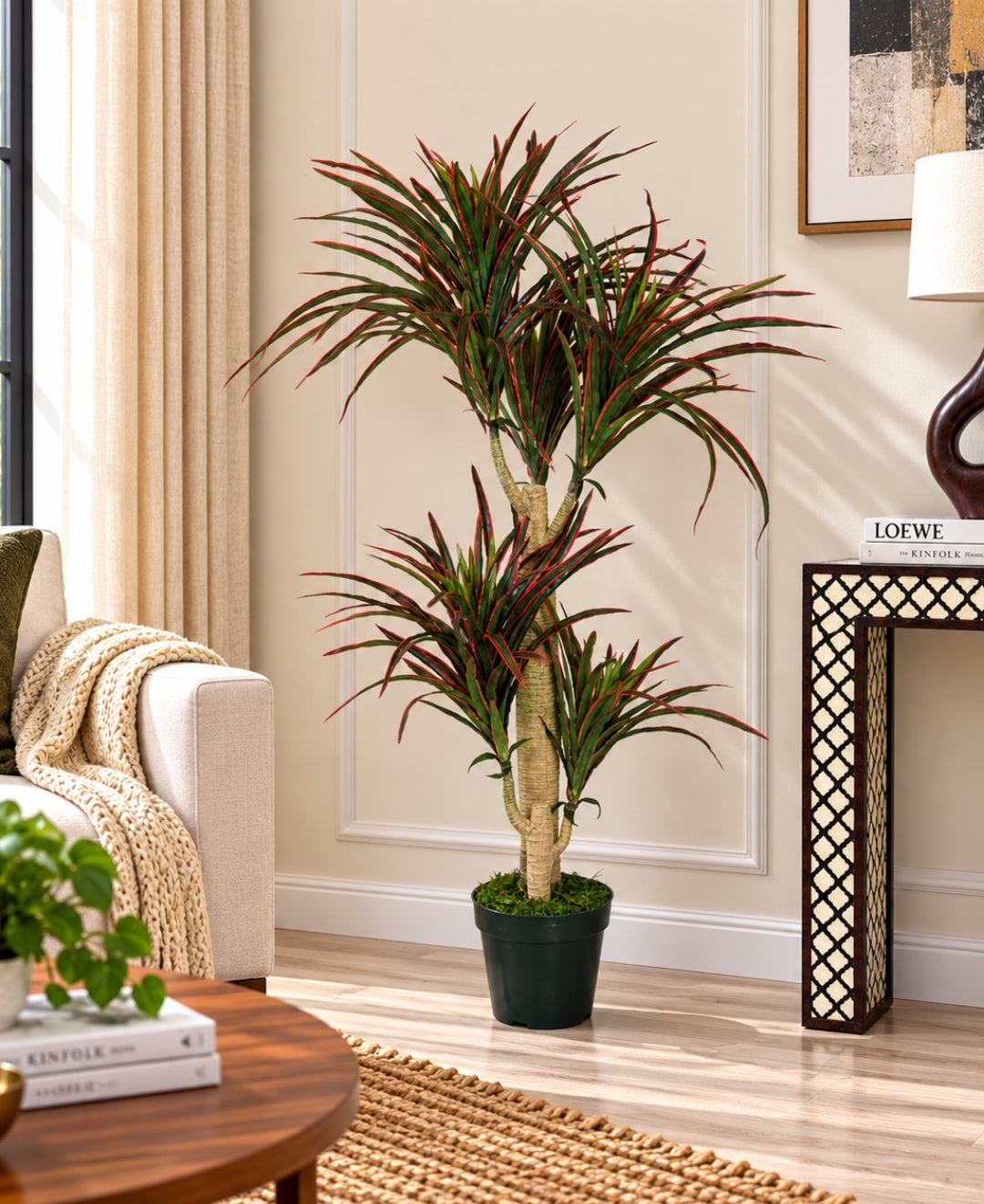 Premium Faux Dragon Tree Red Green Plant with Natural Cane Trunks without Pot