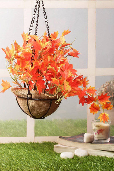 PolliNation Alluring Maple Artificial Creeper plant in Jute Basket with Hanging Metal Stand (Pack of 1) - Artificial Flowers & Plants - PolliNation