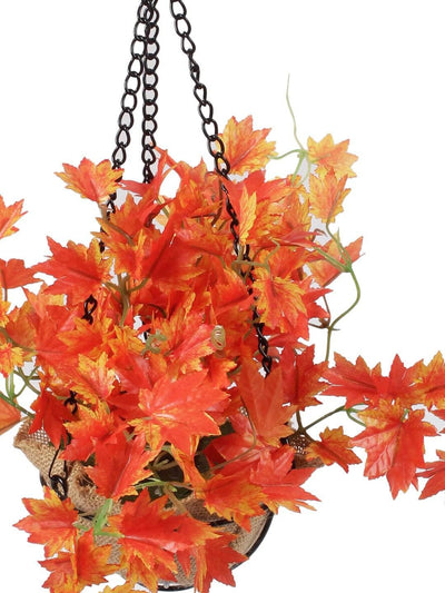 PolliNation Alluring Orange Maple Artificial Creeper in Jute Basket with Hanging Metal Stand for Balcony Garden Home Decoration (Pack of 1, 40 cm) - Artificial Flowers & Plants - PolliNation
