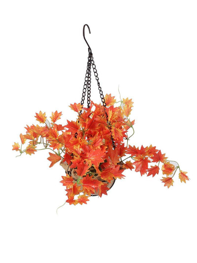 PolliNation Alluring Orange Maple Artificial Creeper in Jute Basket with Hanging Metal Stand for Balcony Garden Home Decoration (Pack of 1, 40 cm) - Artificial Flowers & Plants - PolliNation