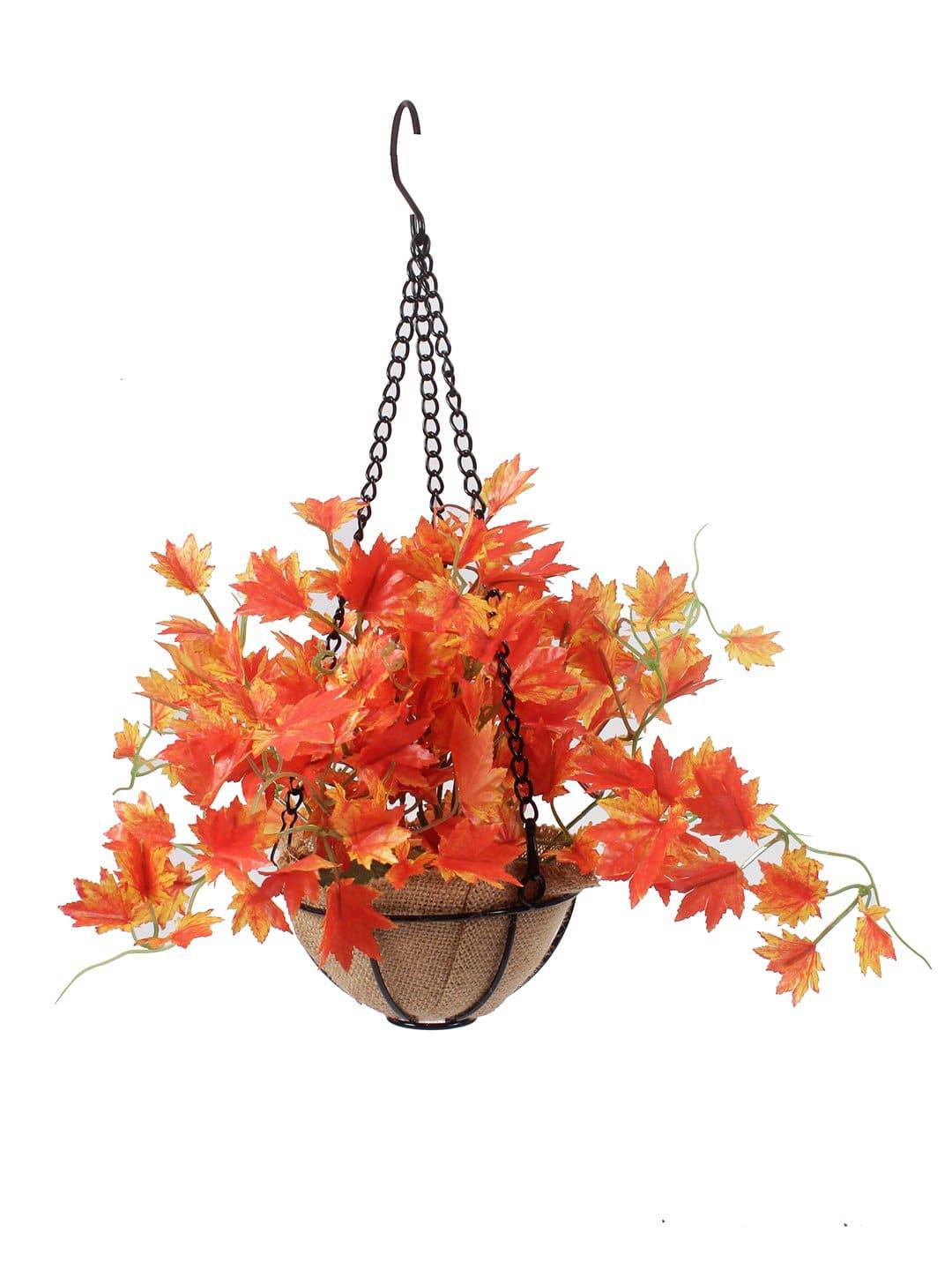PolliNation Alluring Orange Maple Artificial Creeper in Jute Basket with Hanging Metal Stand for Balcony Garden Home Decoration (Pack of 1, 40 cm) - Artificial Flowers & Plants - PolliNation