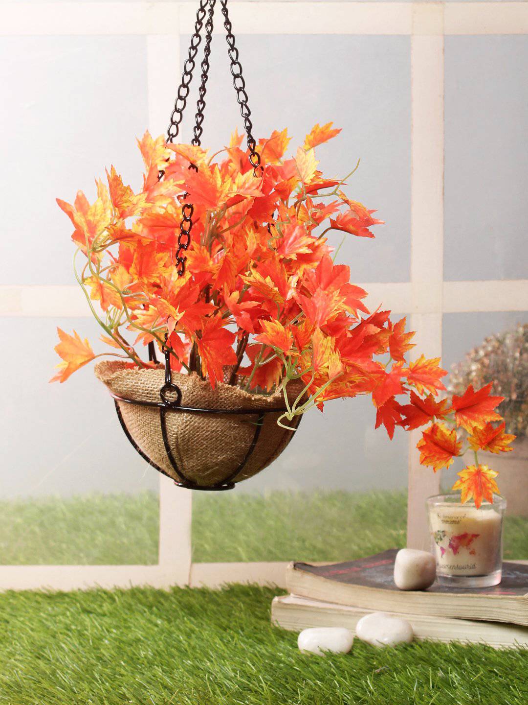 PolliNation Alluring Orange Maple Artificial Creeper plant in Jute Basket with Hanging Metal Stand (Pack of 1)