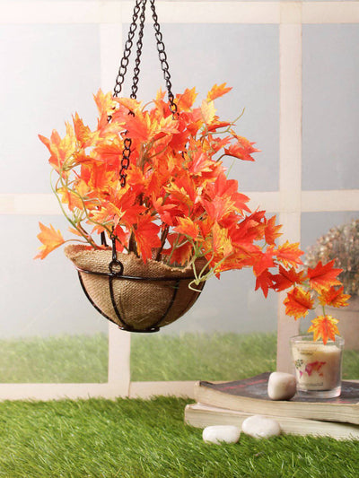 PolliNation Alluring Orange Maple Artificial Creeper plant in Jute Basket with Hanging Metal Stand (Pack of 1)