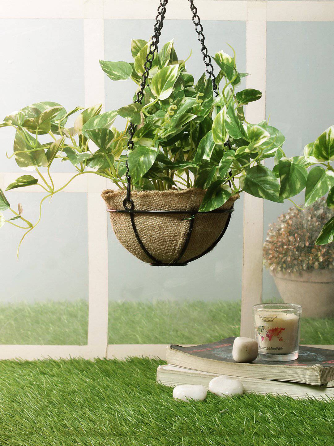 PolliNation Alluring Orange Maple Artificial Creeper in Jute Basket with Hanging Metal Stand for Balcony Garden Home Decoration (Pack of 1, 40 cm) - Artificial Flowers & Plants - PolliNation