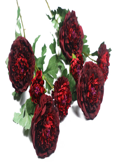 Pollination Artificial Maroon Peony Flowers Without Pot (Pack of 2)